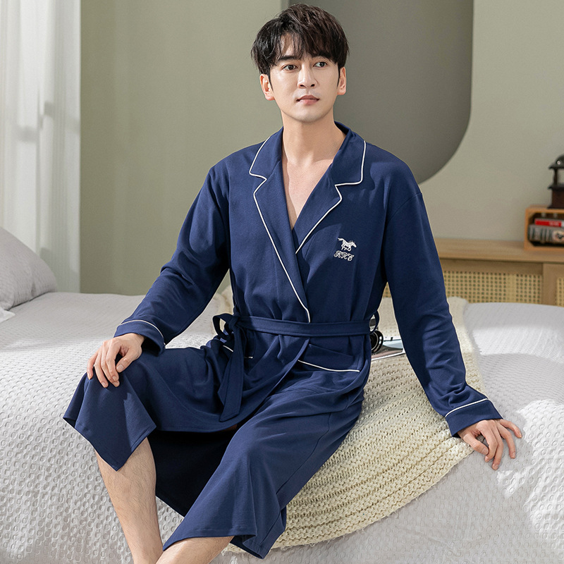 Nightgown Men's Cotton Long Summer Pajamas Thin Home Clothes Spring and Autumn Long Sleeve New Cotton High-end Men's Bathrobe