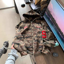 美式复古高街vibe风迷彩连帽卫衣男宽松设计感小众开衫小个子外套