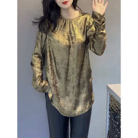 新中式复古高级感百搭上衣2025春秋新款时尚气质盘扣金色宽松衬衫