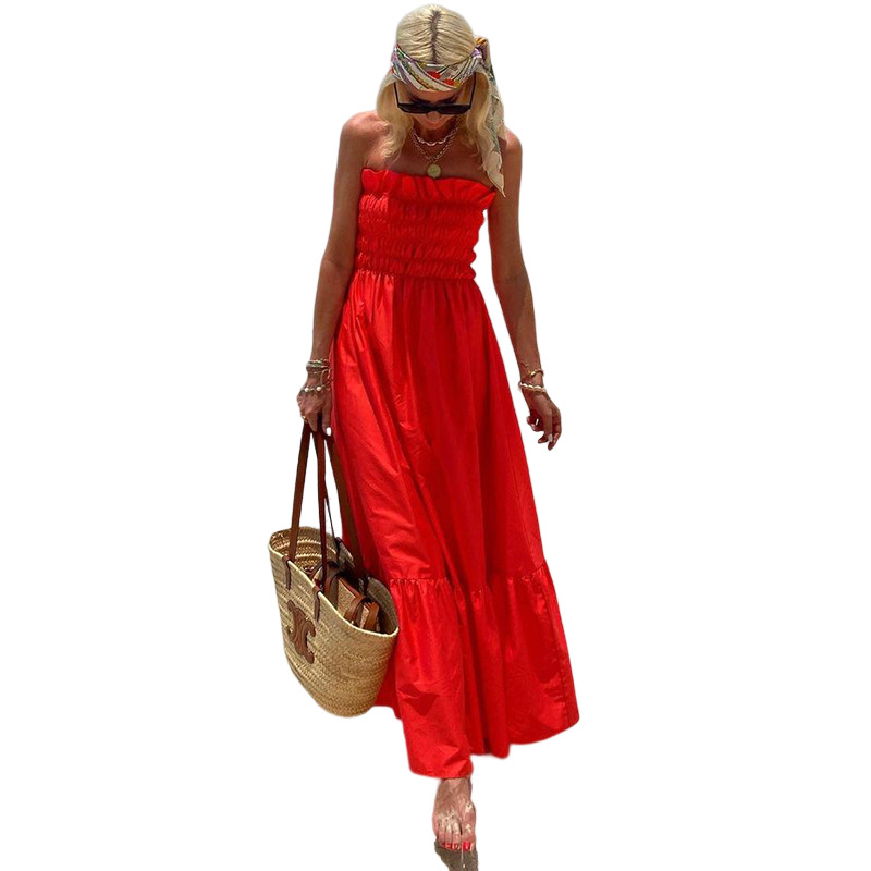 Women's A-line Skirt Tropical Strapless Backless Sleeveless Solid Color Maxi Long Dress Travel Beach display picture 13
