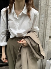 秋季新款棉白色衬衫女韩范宽松百搭显瘦气质衬衣上衣洋气打底衫