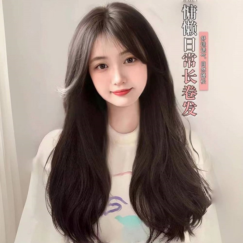 Cheng Ming Wig Women's Black Brown Long Curly Hair with Big Waves 2023 New Fashion Air Bang Full Head Set