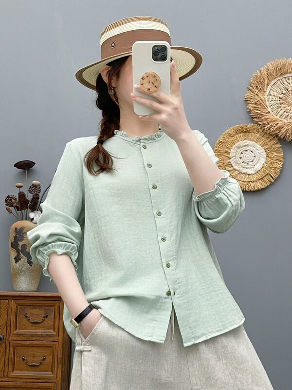2026 Spring and Autumn New Vintage Style Loose Cotton Shirt Age-Reducing Top Casual Pants Women's Shirt Jacket with Lace Trim 2026 Spring and Autumn New Vintage Style Loose Cotton Shirt Age-Reducing Top Casual Pants Women's Shirt Jacket with Lace Trim