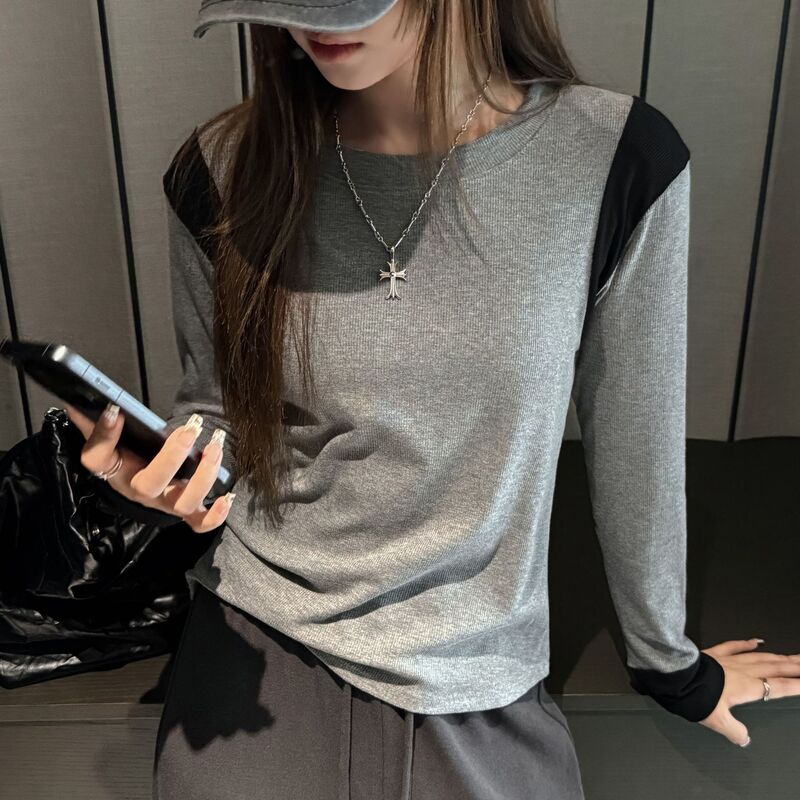 Carefully Selected 2025 Early Autumn Design Bottoming Shirt for Women, High-End Niche Inner Shoulder Contrasting Color Long-Sleeved T-Shirt Top