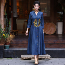 气质显瘦开衫长裙女2025春季新款新国风复古刺绣牛仔连衣裙82651
