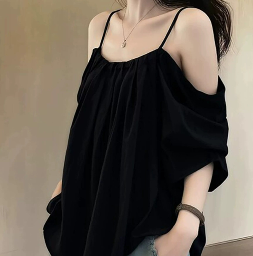 Áo thun nữ cổ tròn basic tay ngắn thiết kế dây thắt lưng — màu đen chi tiết 7