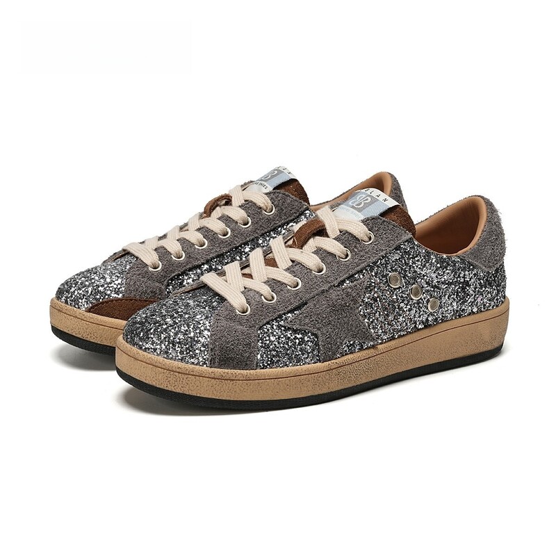 Women's Sneakers 2025 New High-End Retro Distressed Sequin Star Shoes Autum Preppy Style Casual Moral Training Shoes
