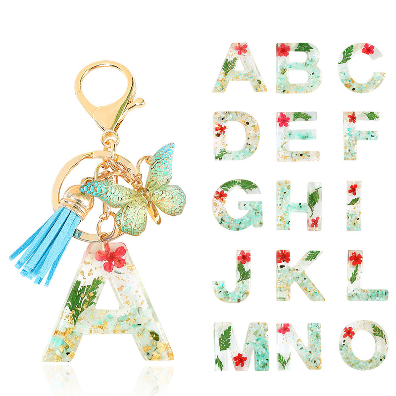 New epoxy green English letters dried flower crystal keychain butterfly tassel women's bag pendant gift ornaments