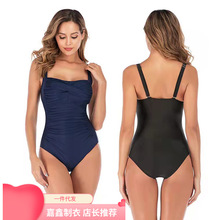 新款欧美泳装纯色褶皱连体泳衣女比基尼大码女士泳衣现货一件代发