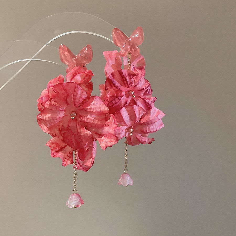 Aguja de plata flor rosa borla estilo vacaciones pendientes verano dulces y exquisitos pendientes pequeños pendientes de diseño fresco mujeres