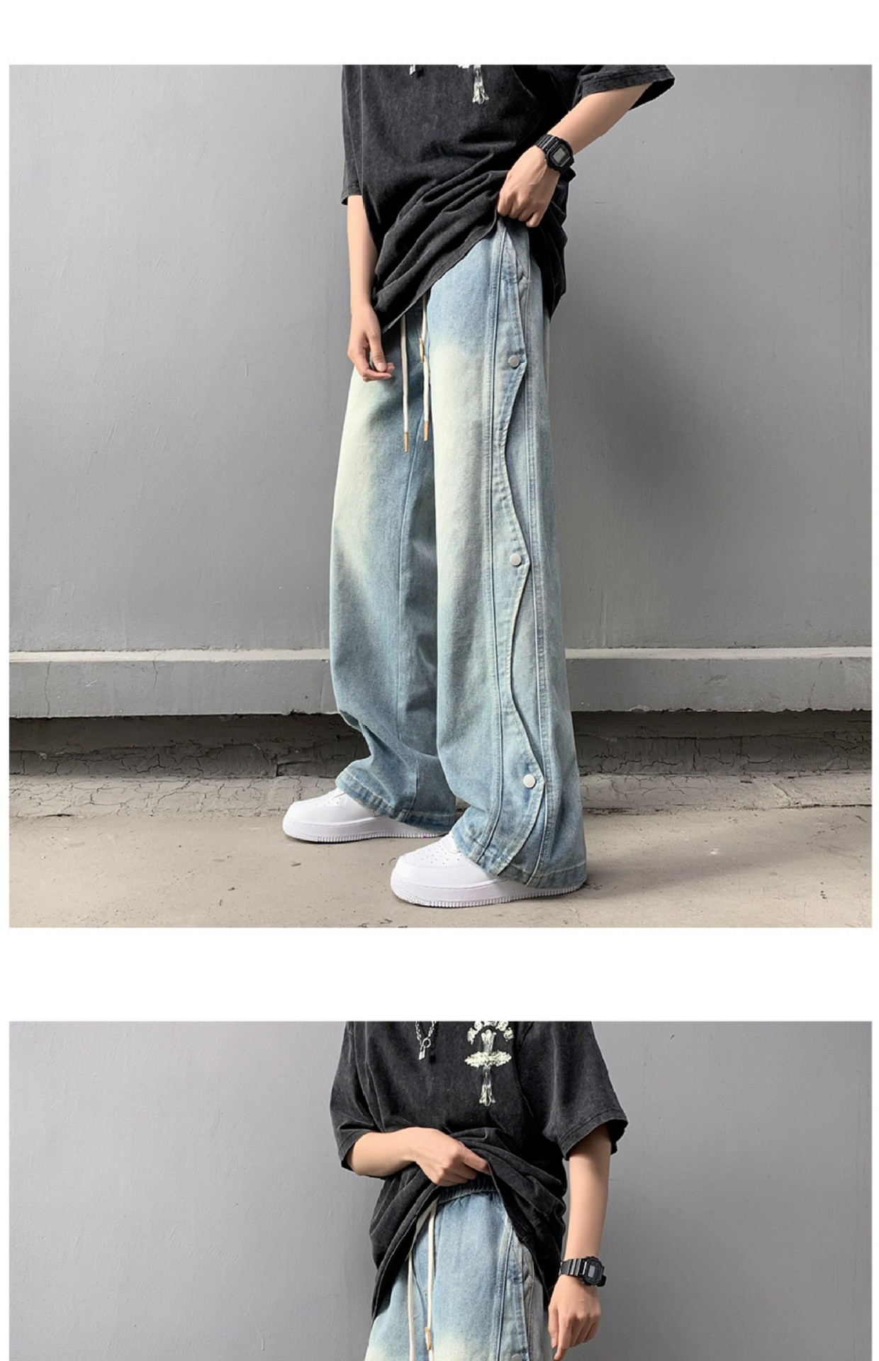Retro Light Blue Men's Jeans High Street Hip Hop Stacked Design Straight Leg Loose Fit_viptrois.com