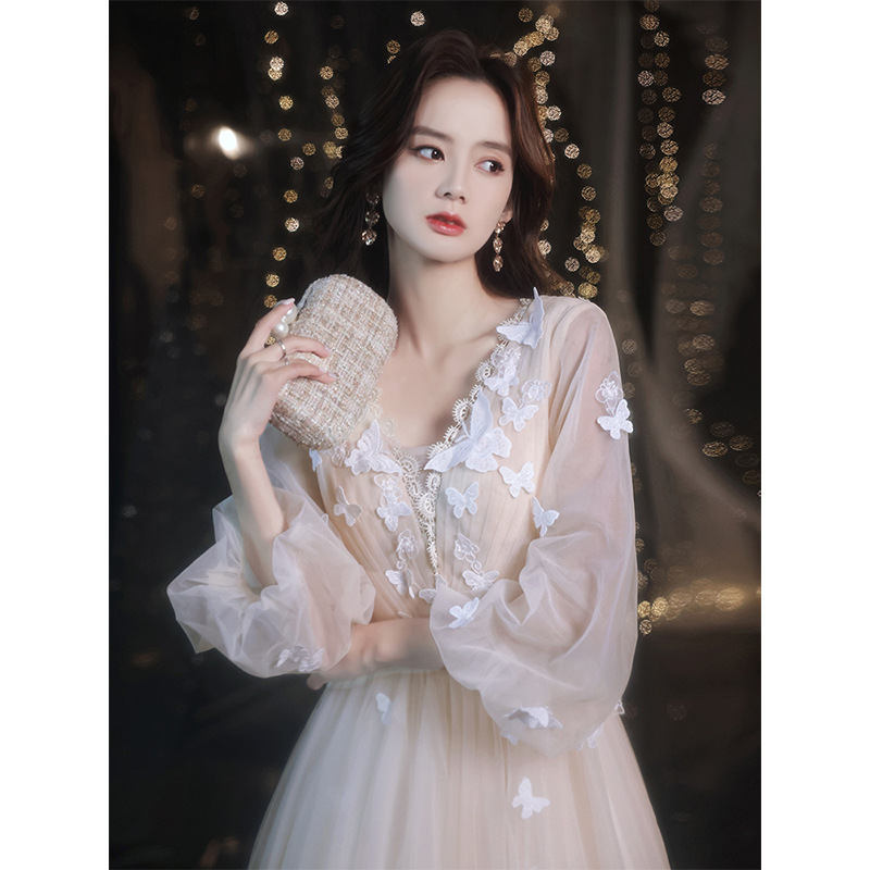 Art Exam Evening Dress for Women, High-End New Style, Light Luxury, Niche, High-End Fairy-Like Temperament, Long-Sleeved Birthday Party, Annual Meeting Dress