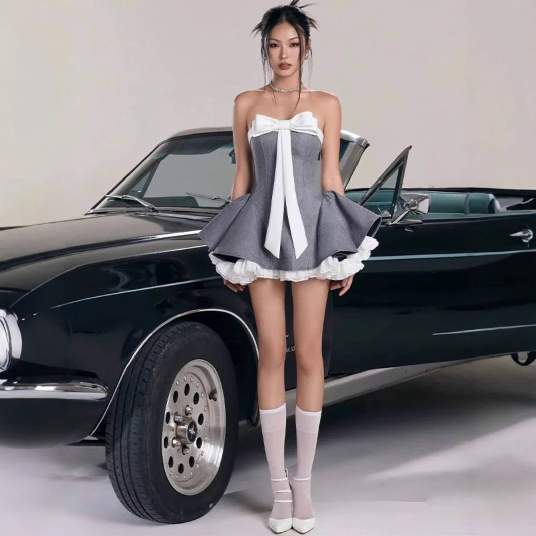 Vietnam Niche Ballet Style Bow Strapless dress Women's Spring 2025ss Daughter Tight Waist Puff Skirt