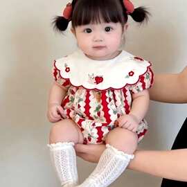 女童宝宝兔子卡通印花刺绣翻领哈衣婴幼童甜美夏季短袖连体衣
