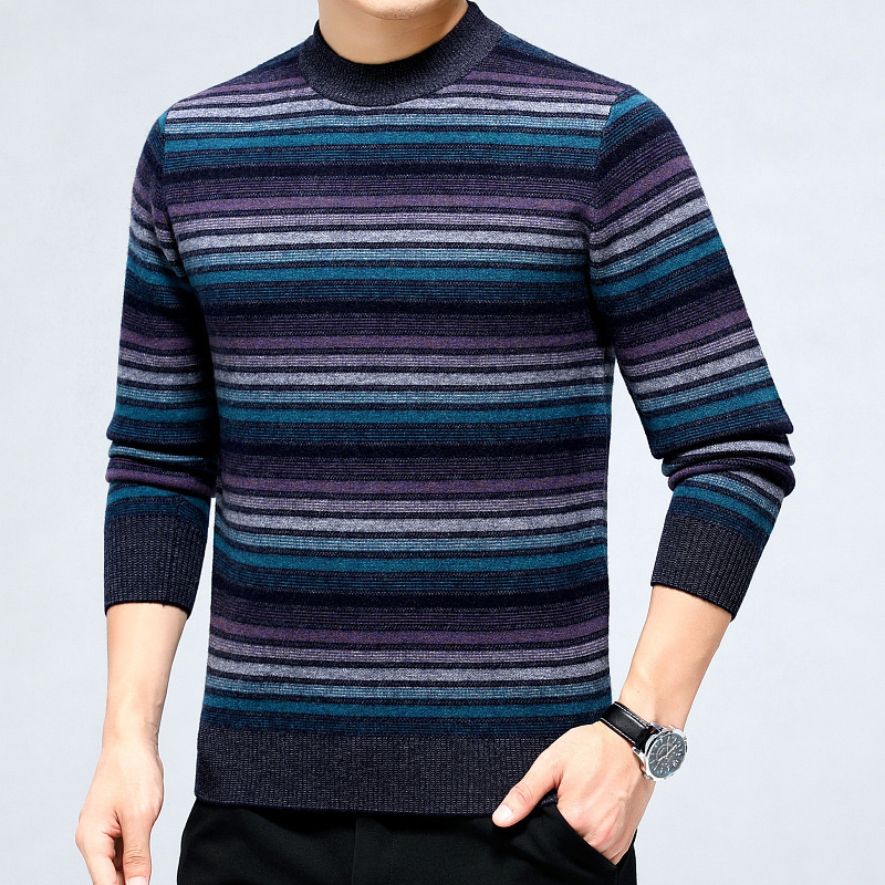 高档羊绒衫秋冬新款男式圆领毛衣时尚针织条纹休闲中年爸爸打底衫