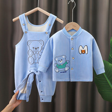 秋冬男女宝宝加绒保暖背带裤套装新生婴儿高腰护肚套装儿童2件套