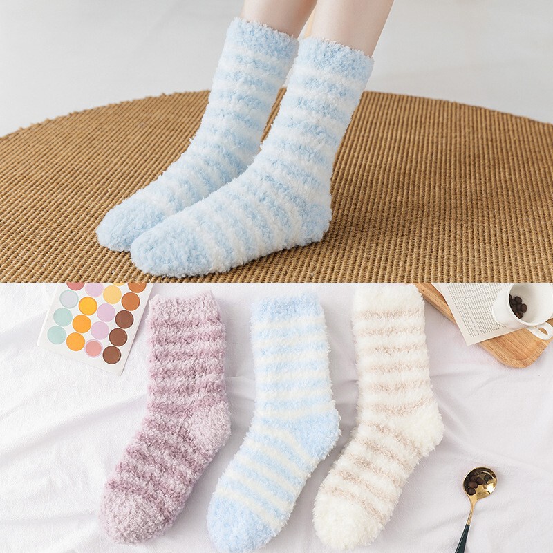 Autumn and Winter Sleep Socks, Lambswool Striped Mid-Calf Socks, Warm and Thickened for Autumn and Winter, Coral Fleece Home Floor Socks, Maternity Socks