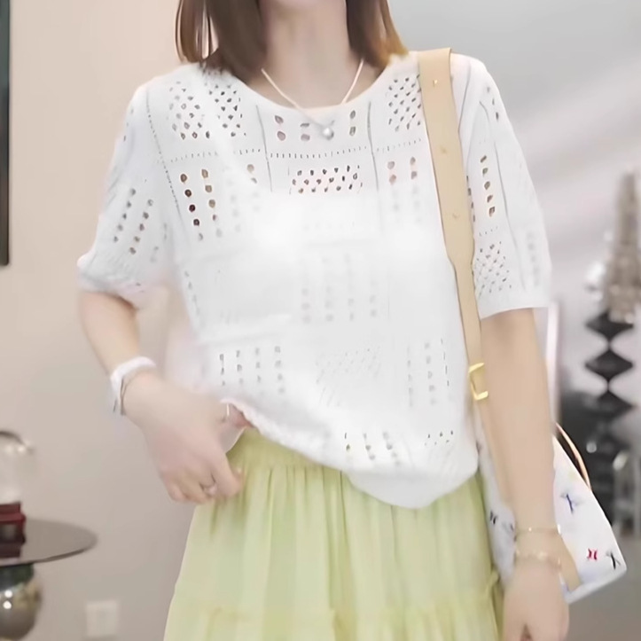 [Source Factory High Quality] Hollow Knitted Sweater Round Neck T-Shirt Women's Short Sleeve New Design Fashion Top
