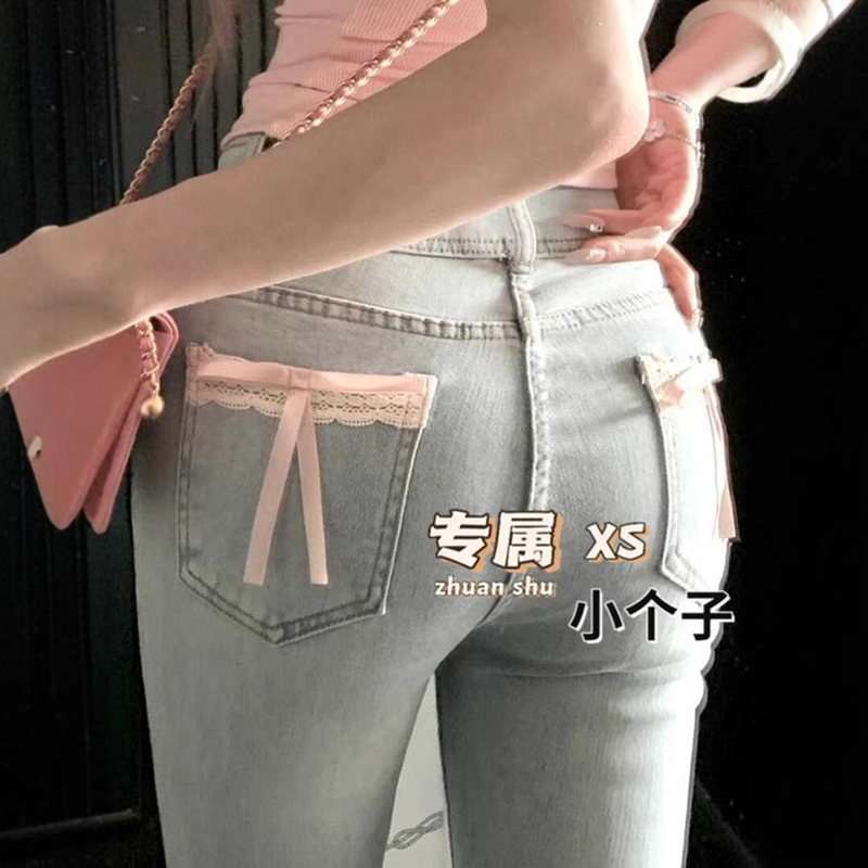 American Style Spice Girl Bow Lace Micro-flared Jeans Women's XS Small High Waist Slimming Straight Horseshoe Trousers
