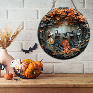 in stock Creative Wooden Craft Door Plate Hanging Round Logo Five Witch Wooden Plate Halloween Party Decoration
