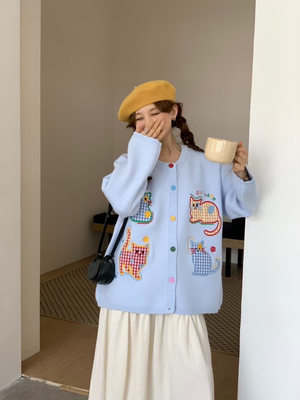 2025秋冬新款韩版复古卡通刺绣针织开衫女宽松慵懒风百搭毛衣外套|undefined