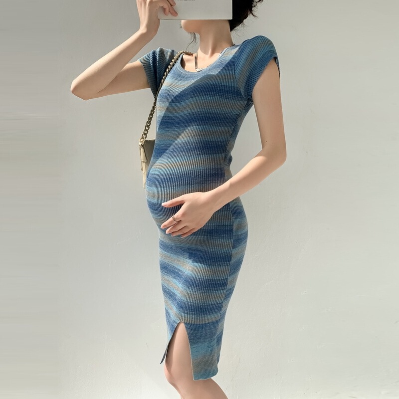 European and American Style Summer Fashion Pregnant Women's Hot Mom Striped Tight Split Thin Knit Dress Pregnant Women's Sweater Dress European and American Style Summer Fashion Pregnant Women's Hot Mom Striped Tight Split Thin Knit Dress Pregnant Women's Sweater Dress