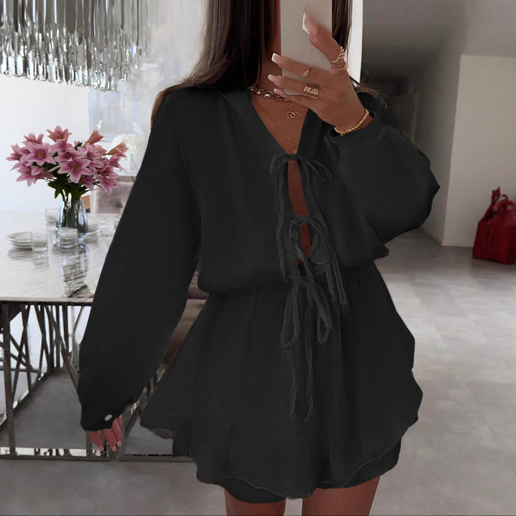 European And American Cross-border Women's Fashion Solid Color Tie-up Cardigan, Round-neck Lantern Sleeve_ecoleips.com
