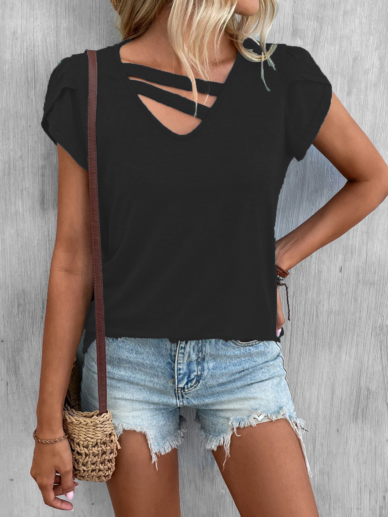Regular Fit Fit Type Solid Color Pattern Wholesale Women'S Casual Solid Color Short Sleeve Patchwork Hollow Out T-Shirts