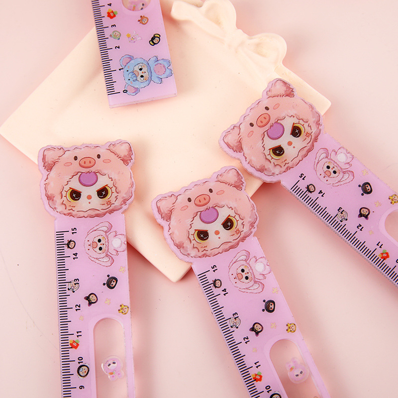 Regla oscilante acrílica de dibujos animados, linda cabeza grande de alto valor, regla de 15cm, material de papelería de aprendizaje para estudiantes