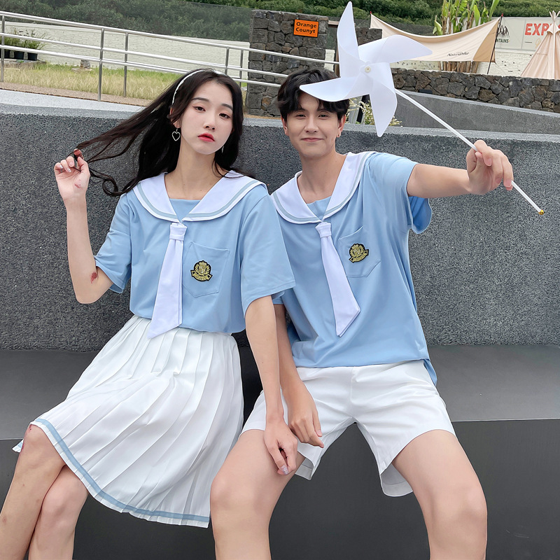 리얼 샷 커플 대학 스타일 여름 반팔 치마 세트 졸업 시즌 사진 학교 유니폼 수업 제복 학생