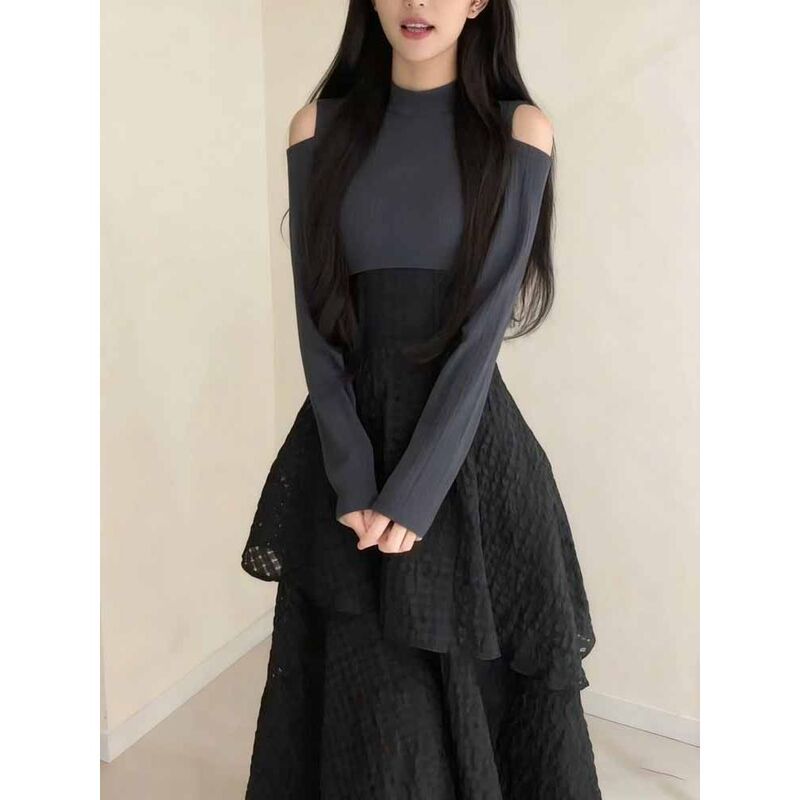 Now Available: Japanese-Style Autumn and Winter Sweet Color-Blocking Off-Shoulder Dress with a Unique Design, Cinched Waist, and Irregular Ruffled Long Skirt Now Available: Japanese-Style Autumn and Winter Sweet Color-Blocking Off-Shoulder Dress with a Unique Design, Cinched Waist, and Irregular Ruffled Long Skirt