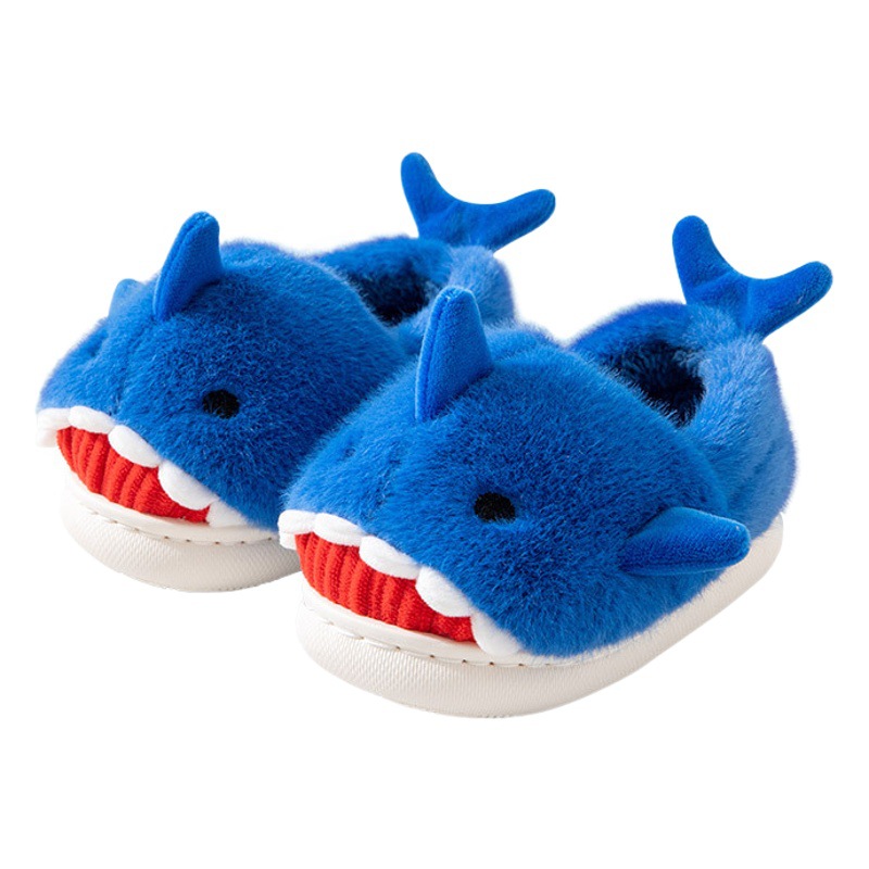 Qidan Shoes Factory Zapatillas de algodón de dibujos animados para niños Shark invierno lindo interior fondo grueso cálido lana zapatillas de felpa al por mayor