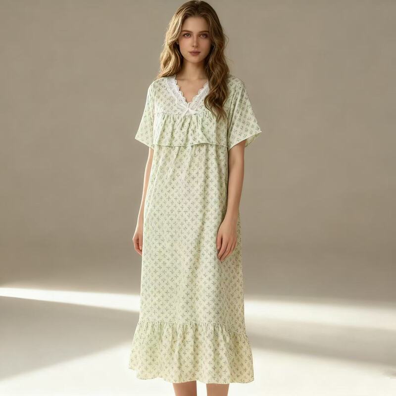 2025 New Extended V-Neck Lace Anti-Bump Cloud Cotton Nightgown Dress Spring and Autum French Women
