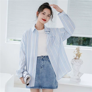 条纹衬衫女设计感小众春秋2021新款韩版宽松外穿百搭衬衣长袖上衣