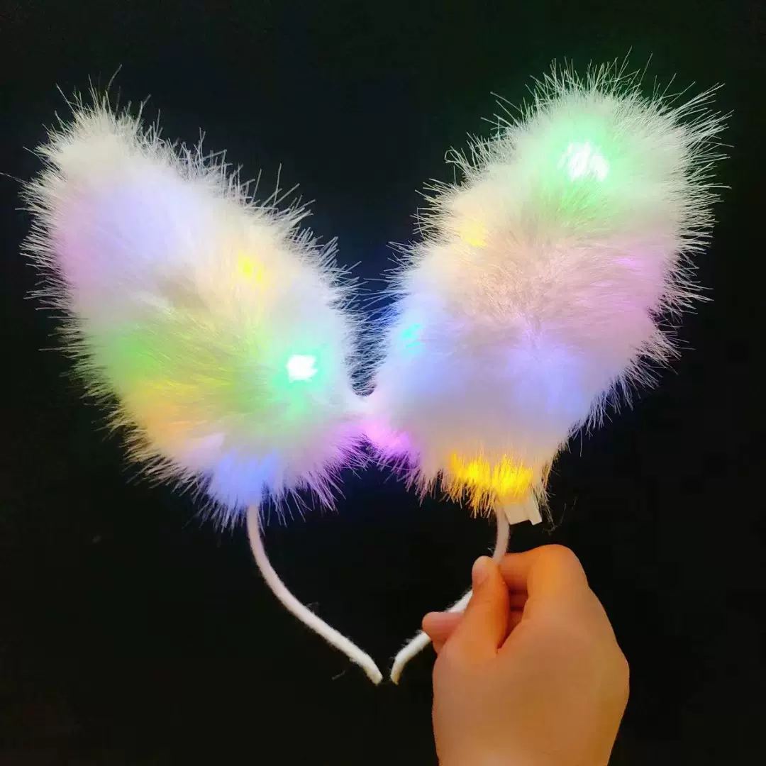 批发兔耳朵毛绒发箍发光网红拍照道具头箍夜市摆地摊闪灯长毛头饰