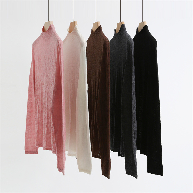 Texture pleated thin wool semi-high collar sweater women's autumn and winter pullover slim-fit base shirt A6838