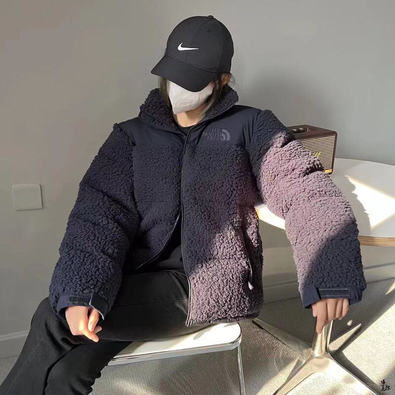 North Face Autumn and Winter Embroidered Reversible Sherpa Jacket for Men and Women, Sports Thickened down Jacket with Stand Collar, Trendy