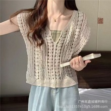 甜美无袖外搭背心女小坎肩针织衫夏季纯色镂空性感设计马甲上衣