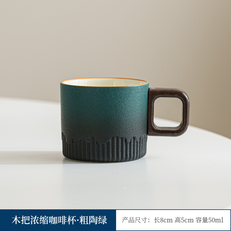Mango de madera taza de café té taza de té gradiente esmalte exquisita cerámica pequeña taza de regalo caja de regalo traje al por mayor