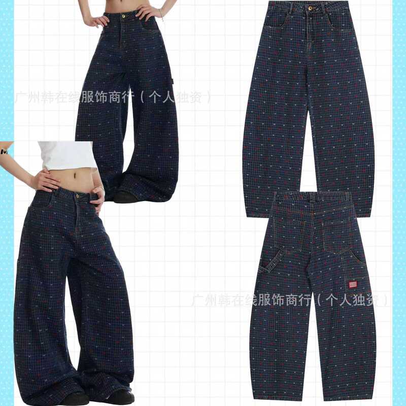 现货原创美式复古格子爱心弯刀牛仔裤女秋季宽松阔腿裤设计感裤子|undefined