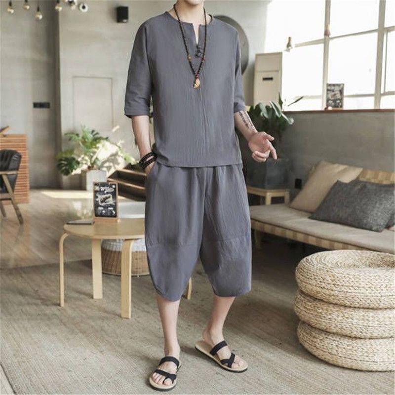 Primavera y verano de los hombres estilo chino retro Tang traje de camiseta de manga corta para hombres traje suelto de gran tamaño Hanfu traje de dos piezas para hombres