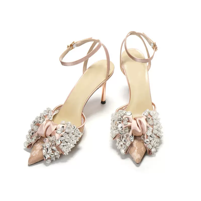 香槟色包头凉鞋女高跟仙女风2022夏季水钻蝴蝶结后空尖头细跟单鞋