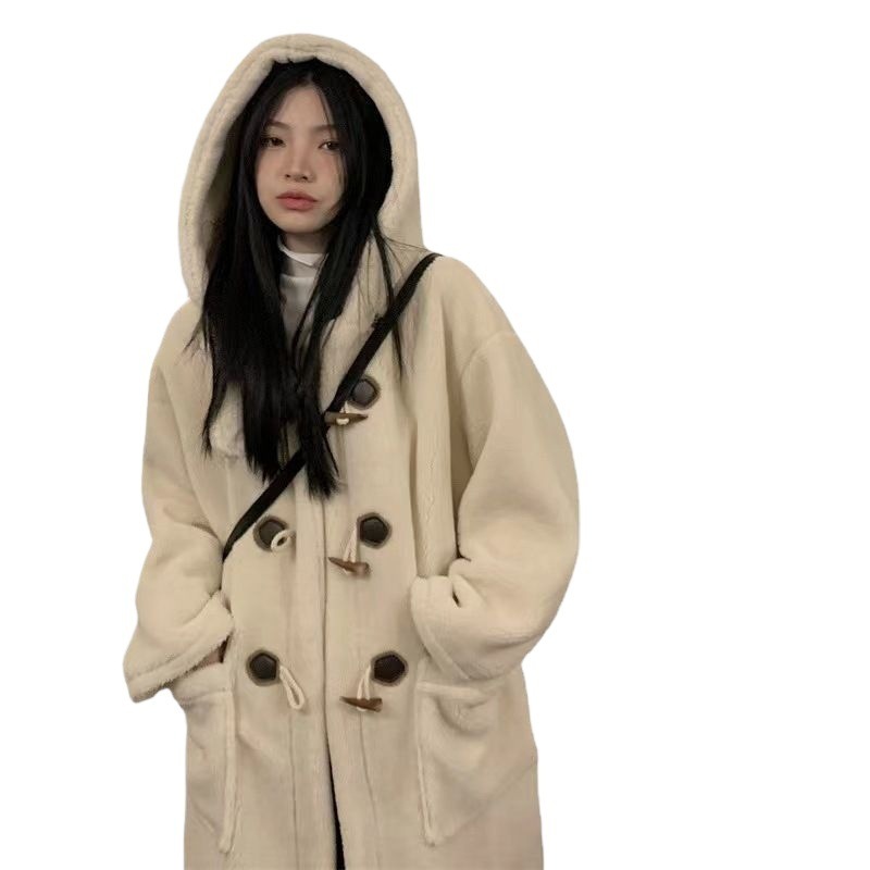 复古羊羔毛连帽外套女秋冬季加厚棉服中长款羊羔绒大衣小个子宽松|undefined
