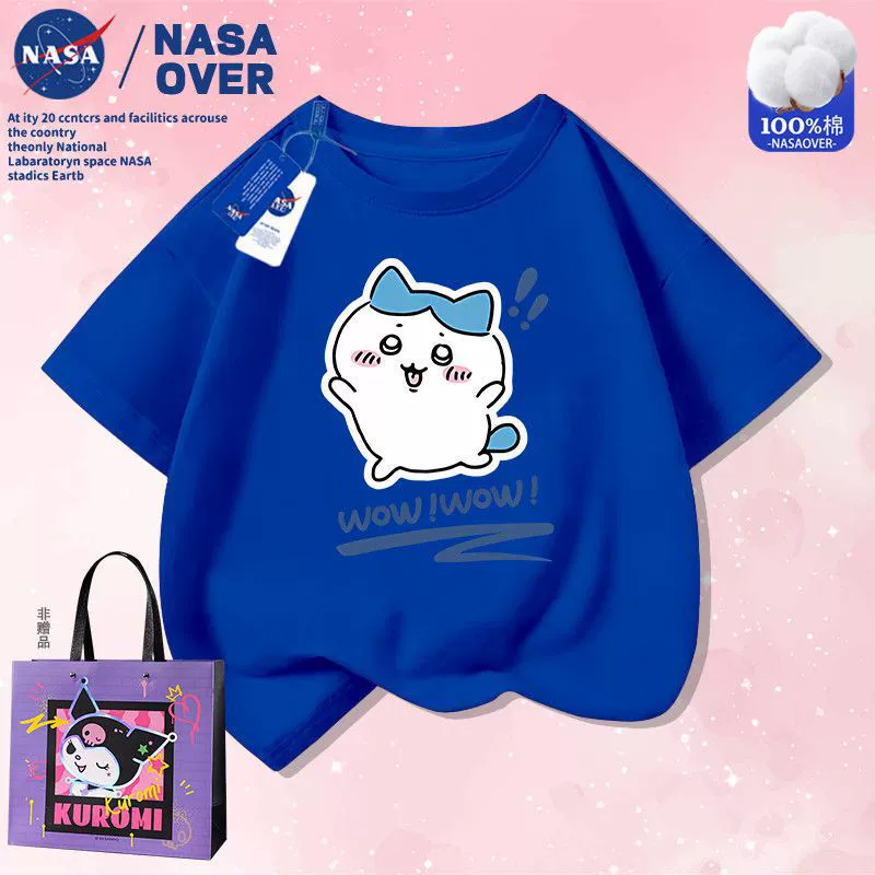 NASA совместный мальчики и девочки рисунок из чистого хлопка короткие рукава лето Chiikawa напечатано коротким рукавом повседневная дышащая полураспашка одежда