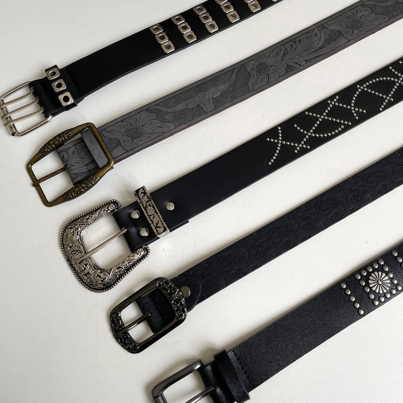 Black Belt for Women, American Retro Y2K Style, Studded Leather Belt, Heavy-Duty Decoration, Suitable for Dresses and Jeans, Wide Belt