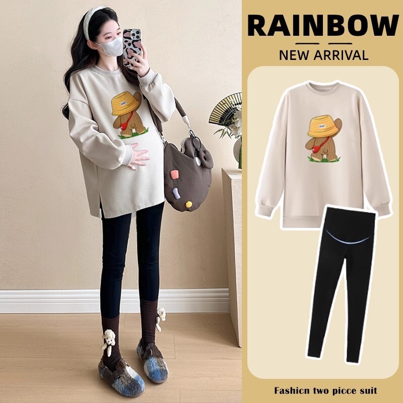 Maternity wear, autumn top, two-piece set, loose fit, plus size, mid-length, conceals the belly, sweatshirt, outfit for pregnant women, spring collection Maternity wear, autumn top, two-piece set, loose fit, plus size, mid-length, conceals the belly, sweatshirt, outfit for pregnant women, spring collection