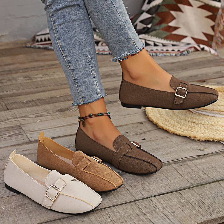Flat shoes women 2024 new spring and autumn square head shallow soft leather soft bottom belt buckle casual bean shoes wholesale