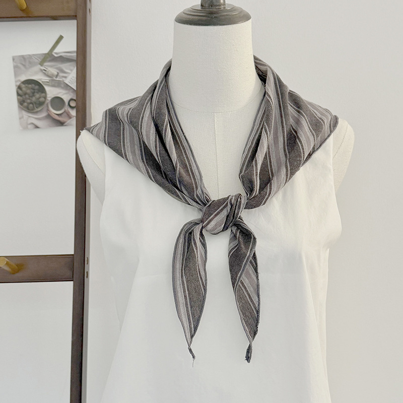 Bufanda de lino de algodón a rayas clásico retro simple japonés, bufanda de cuello informal, bufanda pequeña, diadema pequeña, diadema, mujer de doble uso