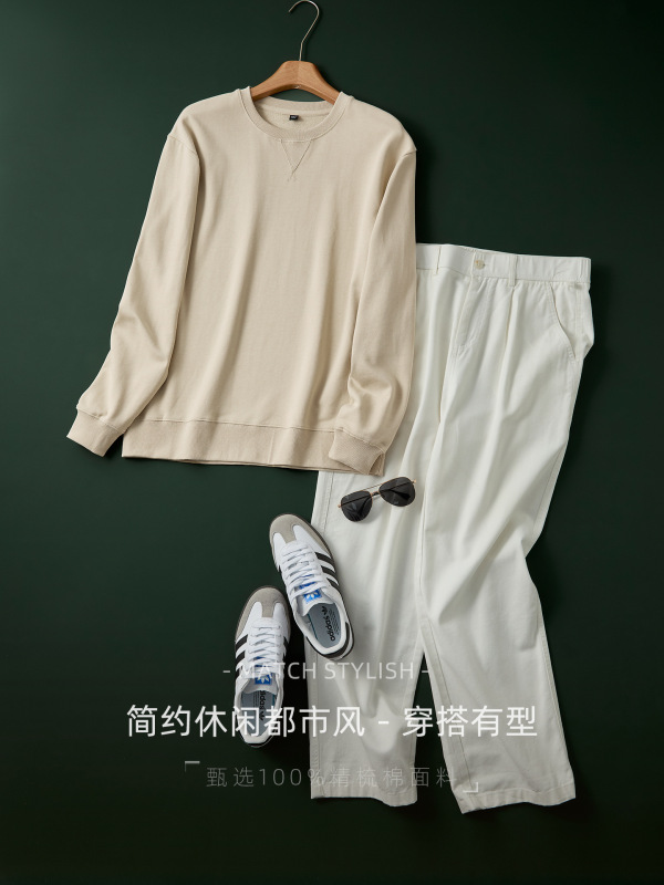 奢品重磅340G纯棉卫衣男2025秋冬宽松厚实不透长袖T恤圆领打底衫|undefined
