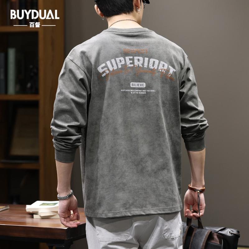 300g Heavy Combed Cotton Long Sleeve T-shirt Men's Spring New Loose Trendy Brand Printed Retro Casual Base Shirt